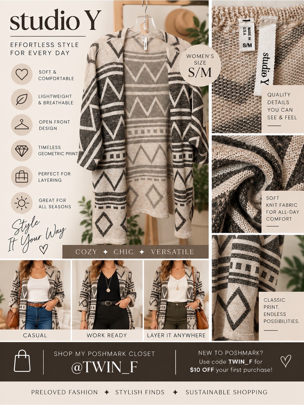 Studio Y S/M Geometric Open Front Cardigan Boho Aztec Knit Neutral Cozy Layer